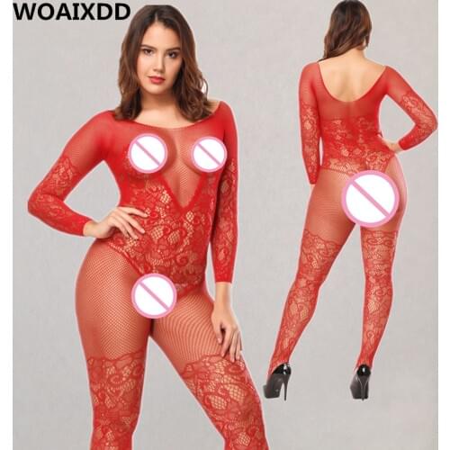 Plus Size Sexy Lace Printed Full Body Stockings Erotic Transparent Open Crotch Lingerie Women Intimates Sexi Babydoll Underwear