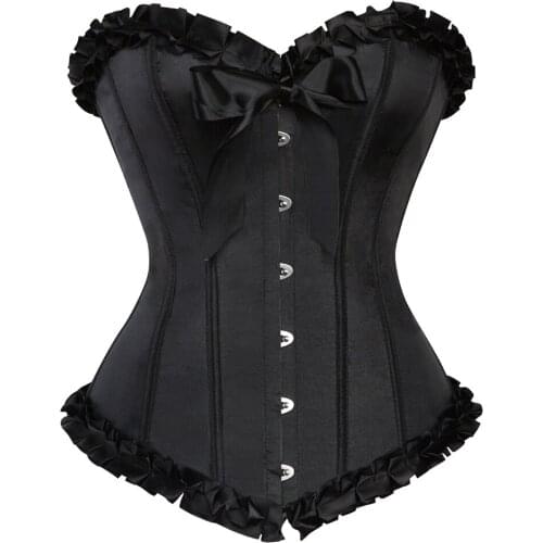 Sexy Ladies Vintage Boned Lace up Back Overbust Corset with Ruffle Trim ustiers for Women Lingerie Tops Victorian Corselet