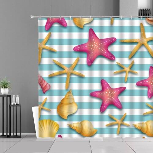 Sea Scenery Cartoon Shower Curtains Starfish Shark Whale Shell Printing Children Bathroom Screen Waterproof Hanging Curtain Set