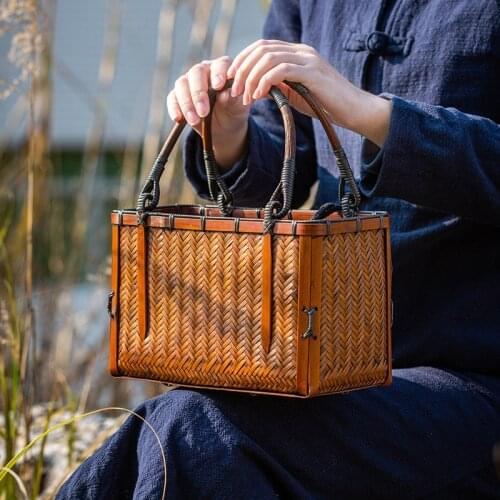 Japanese Tea Set Storage Bag Bamboo Basket, Hand-made Retro Style Mini Bamboo Woven HandBag