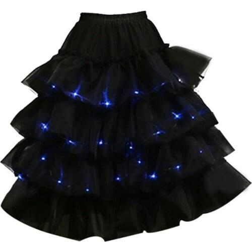Women Lolita Layered Tulle Skirt LED Light Luminous Petticoat Tiered Ruffled Elastic Waist Bustle Hoopless Underskirt