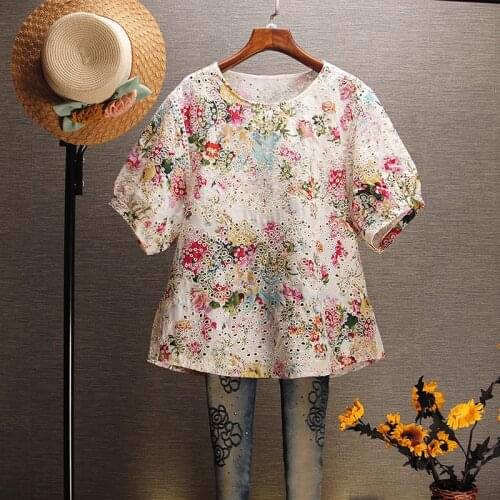 Womens Blouses National Style Floral Cutout Printed Short Sleeved Round Neck Pullover Girls Shirt Cotton Shirt Summer Tops