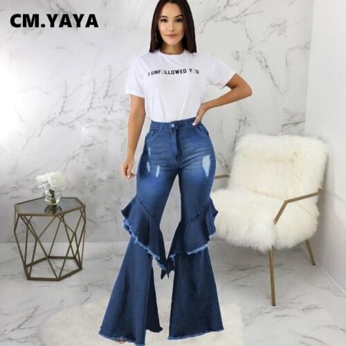 CM.YAYA Women Jeans Solid Ripped Mid Waist Stretchy Long Flare Denim Pants Fashion High Streetwear Summer Trousers 2021