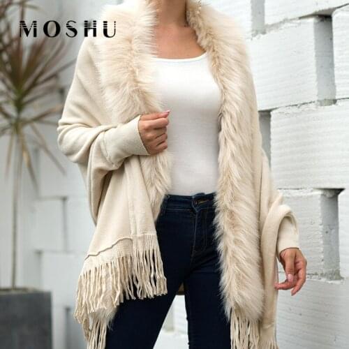 Fur Collar Winter Oversized Cardigan Womens Faux Fur Shawls And Wraps Fringe Ponchos And Capes Batwing Sleeve Jacket