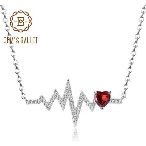 GEMS BALLET 925 Sterling Silver Natural Red Garnet Heartbeat Love Electrocardiogram Pendant Necklace for Women Wedding