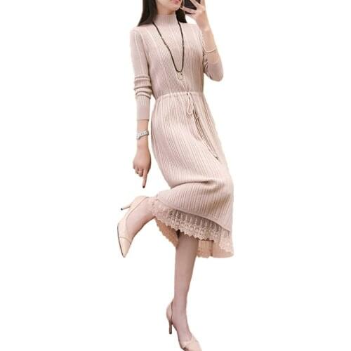 Winter Dress Women Autumn High Collar Pleated Ruched Knitted Lace Pullover Warm Office Lady Long Sleeve Turtleneck Sweater Dress