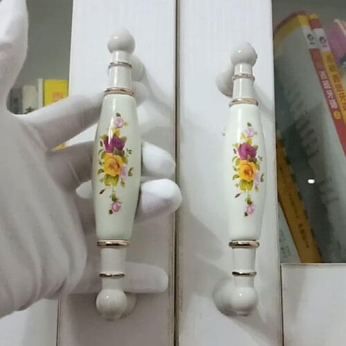 160mm fashion rural printing ceramic kitchen cabinet cupboard door handle ivory white dresser drawer knob gold white pulls 6.3"