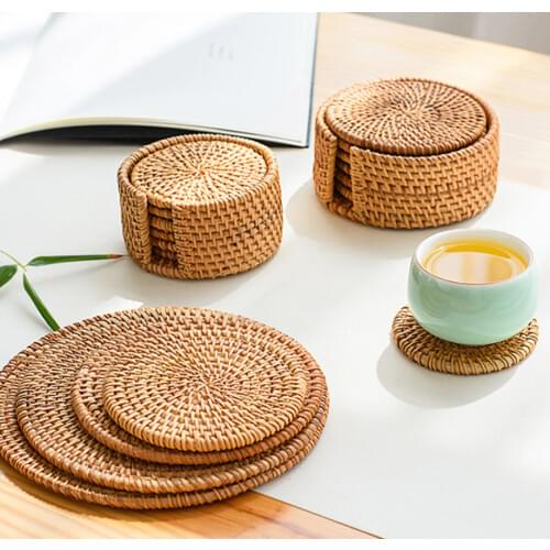 6Pcs/ Drink Coasters Set for Kungfu Tea Accessories Round Tableware Mat Dish Mat Rattan Weave Cup Mat Pad Diameter 8/10/13cm