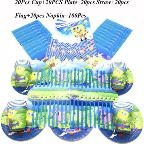 60/90/100PCS Happy Birthday Kids Cartoon Sponge-Bob Baby Shower Party Decoration Set Banner Straws Cups Plates Supplies10 People
