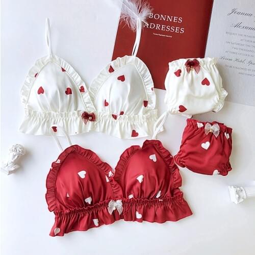 White red love print bra and panty set thin cup with pad Brassiere panties cotton comfortable young girls small intimates sexy