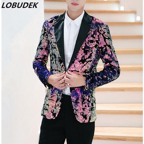 Tide Men Singer Nightclub DJ Stage Costume Flipping Sequins Blazers Fashion Slim Casual Coat Star Vocal Concert Outfit Host Wear