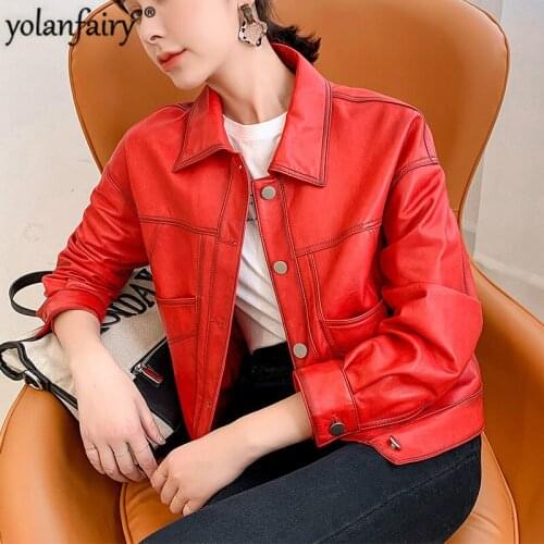 2020 Short Real Leather Jacket Women Red Sheepskin Leather Jacket Korean Casual Coat Spring Autumn Cuero Genuino W971 Pph402