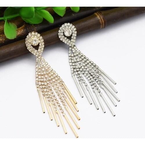 Fashion Jewelry Europe Korean Big Full Rhinestone Crystal Earrings Fringe color Gold Metal Long Tassel Dangle Drop Earring Maxi
