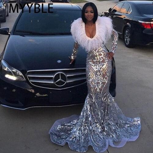 MYYBLE Silver Prom Dresses With White Ostrich Feathers Mermaid Long Sleeves Sweep Train African Black Girls Formal Party Dress
