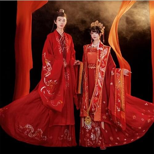 New Couple Hanfu Suit Chinese Traditional Wedding Costumes Han Tang Song Dynasty Clothing Female/Male Red Hanfu Dress DQL5814