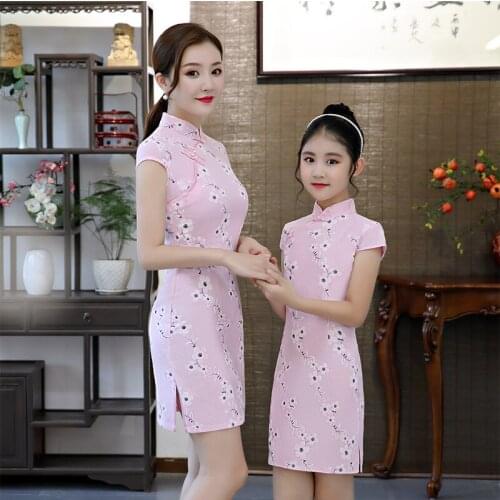 2021 New Cheongsam Womens Dress Parent Child Dress Chinese Style Slim Short Dress Flower Girl Dresses Mommy and Me Dress