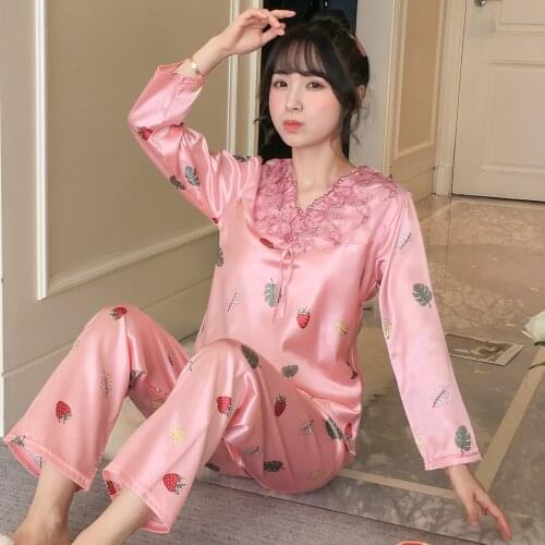 Pajamas Set for Womens Autumn New V-neck Silk Korean Loose Sweet Cute Cartoon Long-sleeve Home Wear Cloth Sexy Women Sleepwear