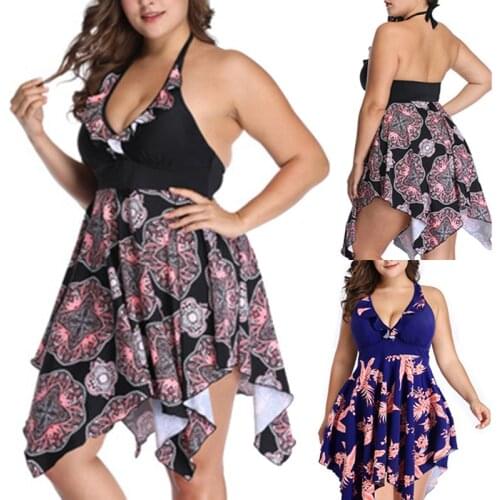 Plus Size Swimwear for Women Adjustable Halter Sling V Neck Padded Summer Swimming Dress Ruffle and Irregular Hem MC889