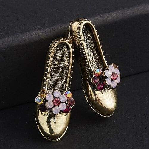 RINHOO Antique Gold High Heels Rhinestone Shoes Brooches For Women Filled Crystal Shoes Brooch Pins Jewelry Gift For Girls