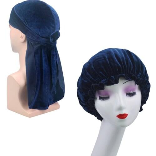 Luxurious Mens velvet Durag Bandana Headwear Pure color Wide Doo Rag Bonnet Cap Comfortable velvet Sleeping Hat Couple 2 pieces