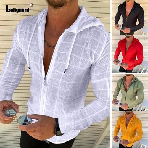 Garmenting Grid Shirt Men Summer Autumn Casual Tops Solid White Dot Print Zipper Shirt Mens Jogging Hooded Shirt Clothing 2021