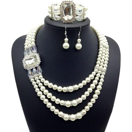 Wedding Jewelry Sets 6 Colors Rhinestone Artificial Stone Pendants Bracelet Multi Layer Imitation Pearls Necklace Drop Earrings