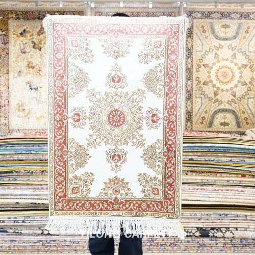 YILONG 2'x3' Turkish pure silk carpet handmade exquisite oriental beige rugs (LH824B2x3)
