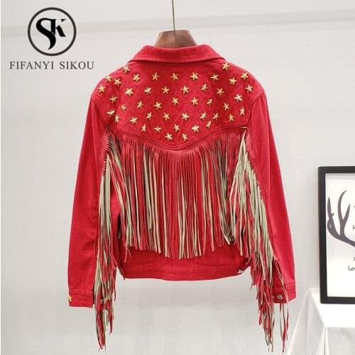 Streetwear Women Denim Jacket Pentagram Rivet Tassel Jeans Jacket 2020 Spring Fashion Bomber Jacket Female Loose Jeans Coat