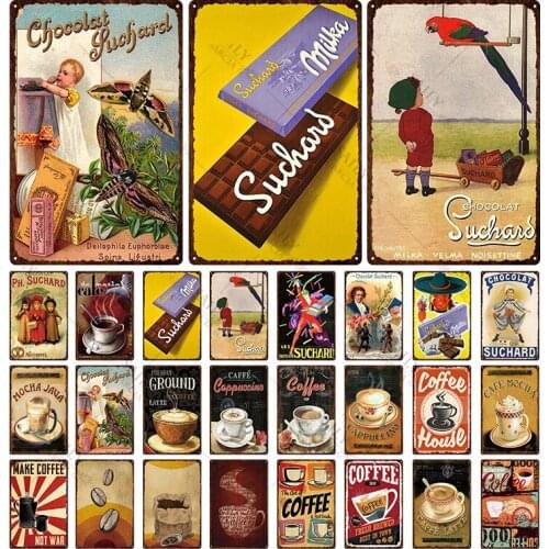 Vintage Chocolate Poster Coffee Beans Hot Coffee Metal Sign Wall Bar Home Art Kitchen Shop Retro Decor Metal Wall Mural Decor