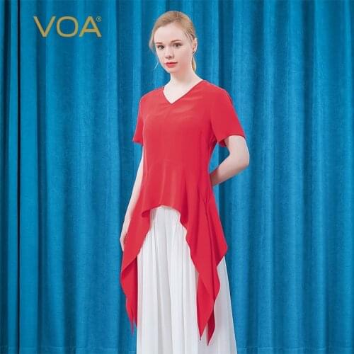VOA 34m/m Silk Heavy V-neck Short Sleeve Splicing Symmetrical Dovetail Hem Red Elegant Temperament Solid Color T-shirt BE586