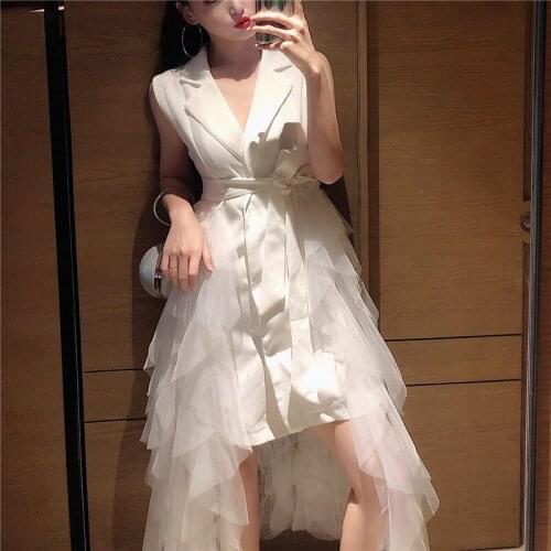 Summer New design fashion womens sleeveless turn down collar slim waist sashes patched gauze ruffles asymmetric long dress