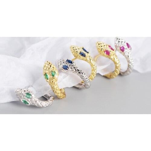 18K GOLD 1pair REAL.925 Sterling silver Green Blue Garnet Eye Snake Hoop huggie Earring Charms TLE2145