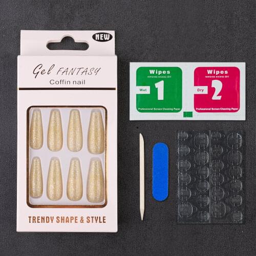 24pcs/box UV Glitter False Nails Full Cover Press on Nails Long Ballerina Coffin Nails ABS Fasle Nails with Tool Kits