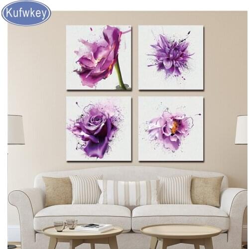 5D Diamonds Embroidery Purple rose Flower Modern decor 4 pcs 3d Diamond Painting sale Cross Stitch Kits Diamond Mosaic picture