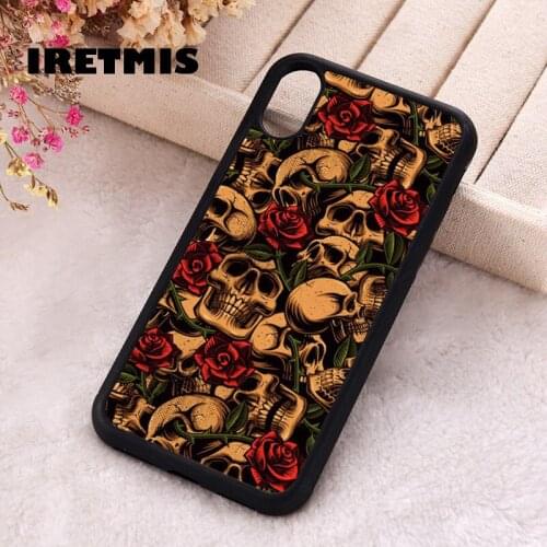 Iretmis 5 5S SE 2020 Phone Cover Case for iPhone 6 6S 7 8 Plus X Xs XR 11 12 Mini Pro Max Rubber Silicone Skulls With Roses