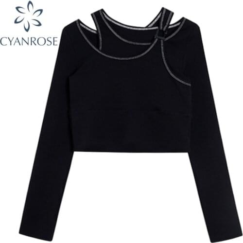 Black Irregular Patchwork Bodycon Crop Tees Tops Women Long Sleeve Streetwear Stylish Sheath Tide Tops Harajuku Sexy Bar Mujer