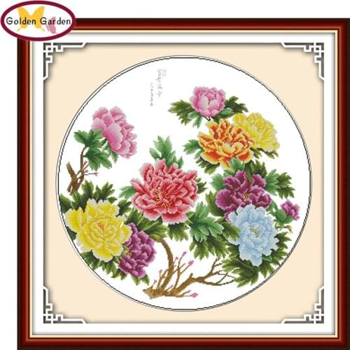 GG Treasures Fill The Home Peony Chinese Flower Painting Counted&Stamped 14CT Cross Stitch Embroidery Needlework Sets for Decor