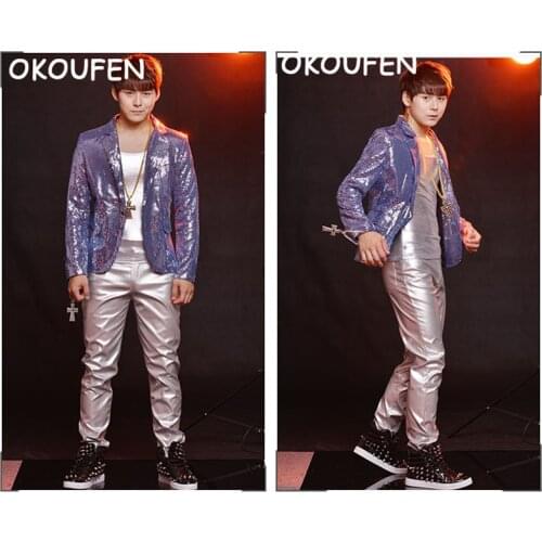 Bar nightclub show costume DS Punk Male Singer DJ Star Style Sequins Suit costume Stage show performance jacket