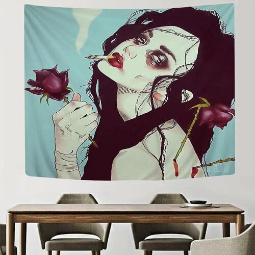 Gothic Woman Tapestry Cool Gothic Woman Girl Smoking With Roses Wall Tapestry Hippie Art Wall Hanging Decor