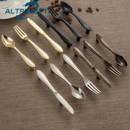 Furniture Novelty Zinc Handle Cabinet Kitchen Cupboard Metal Door Pull Gold Knife Fork Spoon Shape Drawer Wardrobe Closet Knob