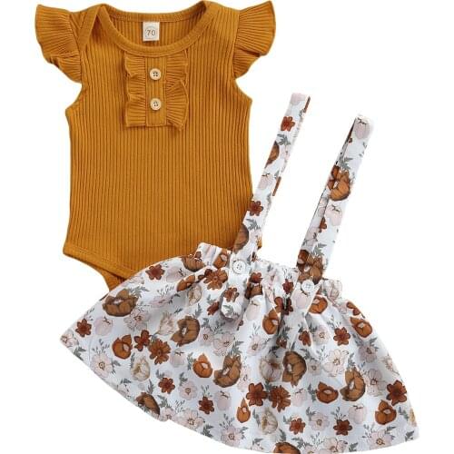 Fashion Newborn Baby Girls 2-piece Outfit Set Fly Sleeve Romper+Floral Suspender Skirt Set