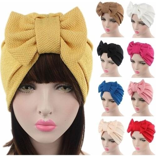Fashion Women Big Bow Turban Hat Headdress Bow Knot Bonnet Hat Chemo Hair Cap Soft Snood Hat