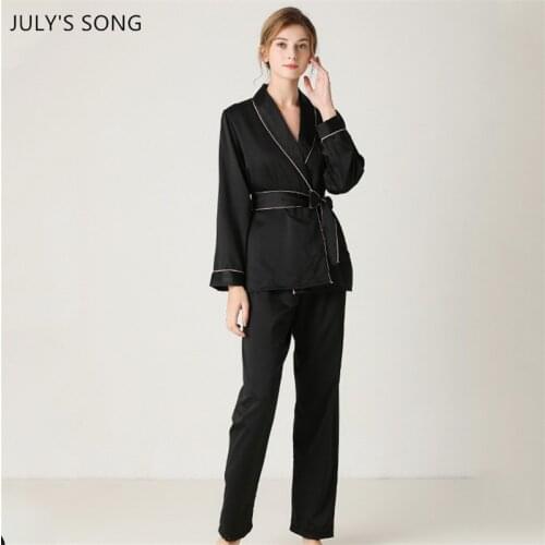 JULYS SONG Woman Pajamas Set Satin Silk Spring Sleepwear 2 Pieces Long-sleeved Trousers Pyjamas Suit Lapel Elegant Home wear