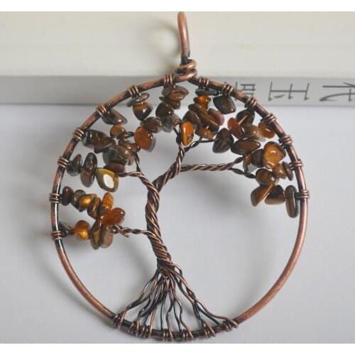 Natural Lucky Handmade Tree of life Tigereye Bronze Copper Wire Wrap GEM Pendant Jewelry For Gift S1292