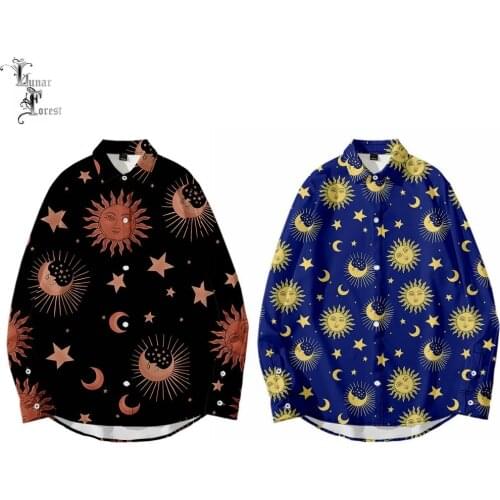 Sun Moon Star Funny 3D Printing Unisex Shirt Women/Men Casual Long Sleeve Cool Loose Button Streetwear Overclothes Oversize 6XL
