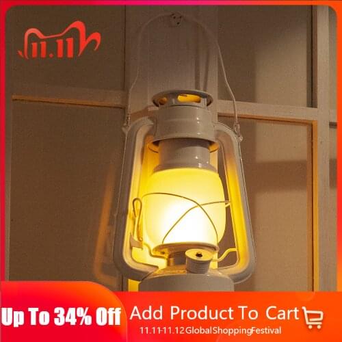 LED Vintage Camping Lantern Flame Light Flicker Battery Powered LED Portable Kerosene Lamp Knob Switch Outdoor Garden Decoration