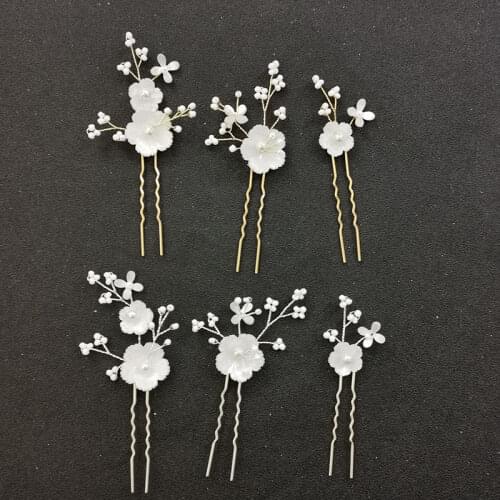 SLBRIDAL Handmade Shell Flower Alloy Leaf Pearls Bridal Hair Pin Wedding Hair Sticker Hair Accessories Bridesmaids Women Jewelry