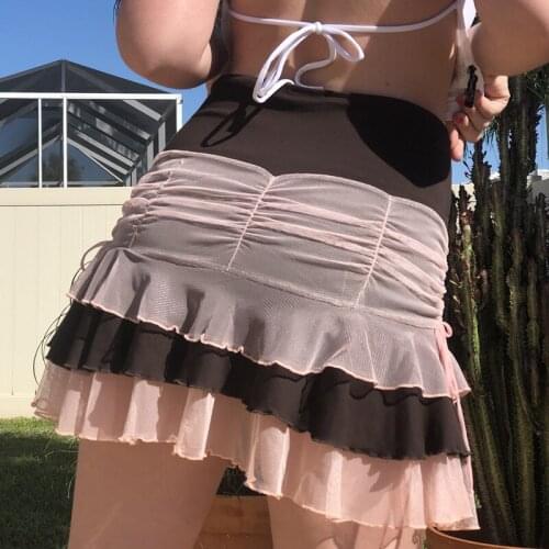 Womens Fashion Ruched Bodycon Mini Skirt High Waist Mesh Sheer Patchwork Layered Ruffle Hem Short Skirt for Summer 2021