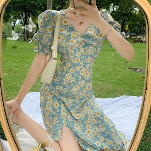 Dresses Women Elegant Casual Summer Floral Puff Sleeve All-match Students Vintage Mujer Korean Style Ulzzang Ladies V-neck Chic