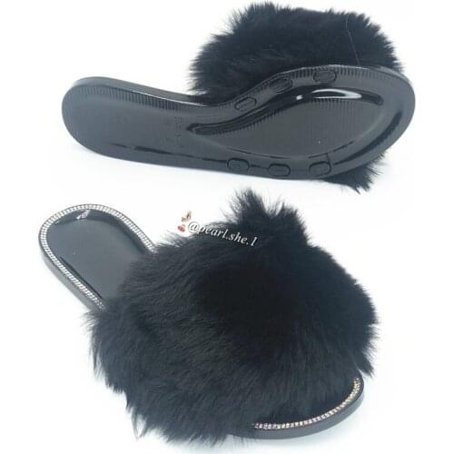 Womens Fluffy House Bedroom Furry Open Toe Real Fur Wool Slides Two Straps Shearling Fur Slippers